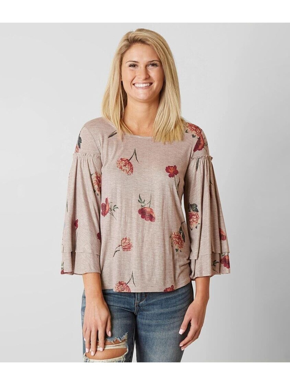 Lucky Brand Duquet Natural Multi Floral Top Women's Lg Ruffle Bell Sleeve Boho